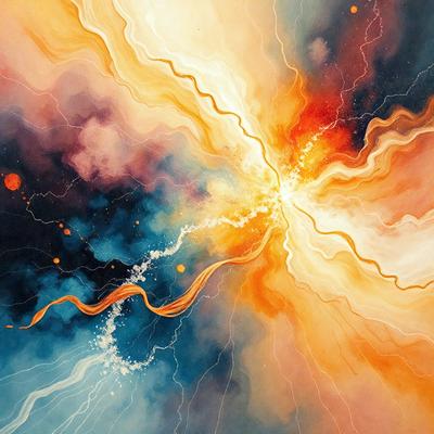 The primary subject of the image is a vibrant and colorful painting featuring a sunburst. The setting is a blue and orange background, which adds to the overall atmosphere of the painting. The visual style of the painting is a mix of digital art and illustration, creating a dynamic and eye-catching piece. The dominant colors in the painting are orange and blue, which contribute to the warm and lively mood of the artwork.